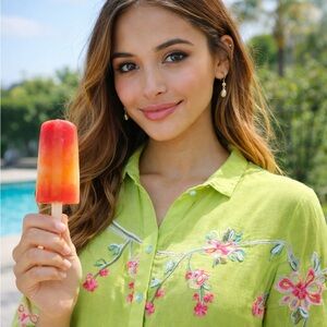 fig and flower Lime Green Button-Down Shirt with Pink Floral Embroidery